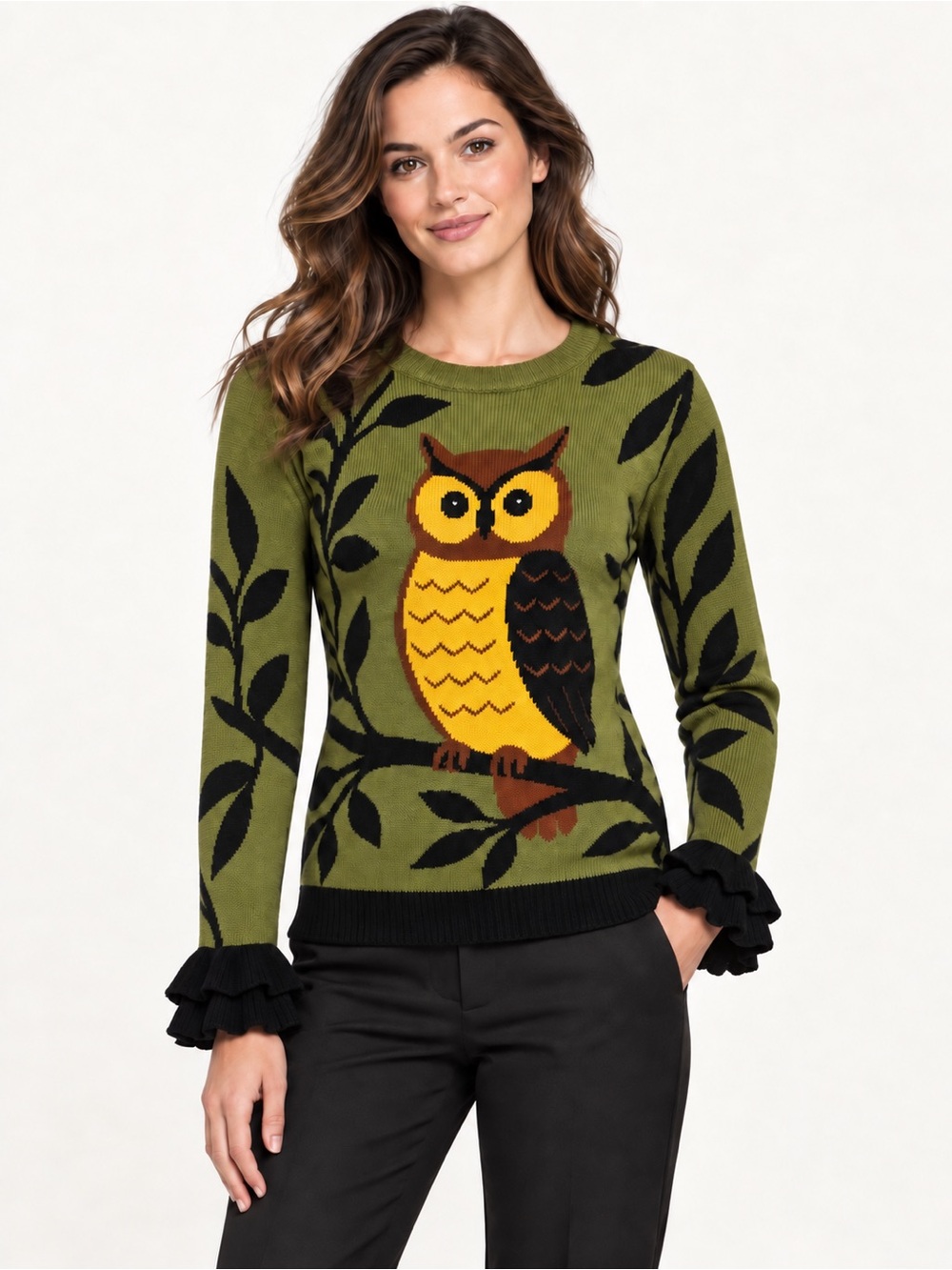 New with Tag! Oxknit Green Owl Jacquard Ruffled Design Sweater Knitwear sz XL